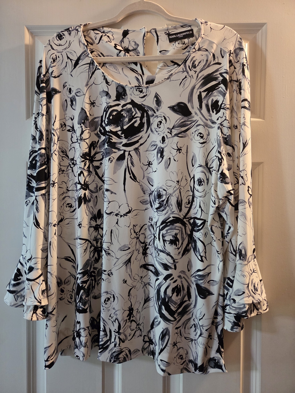 Karl Lagerfeld Black and White Floral Long-Sleeve Blouse With Tulip Sleeves